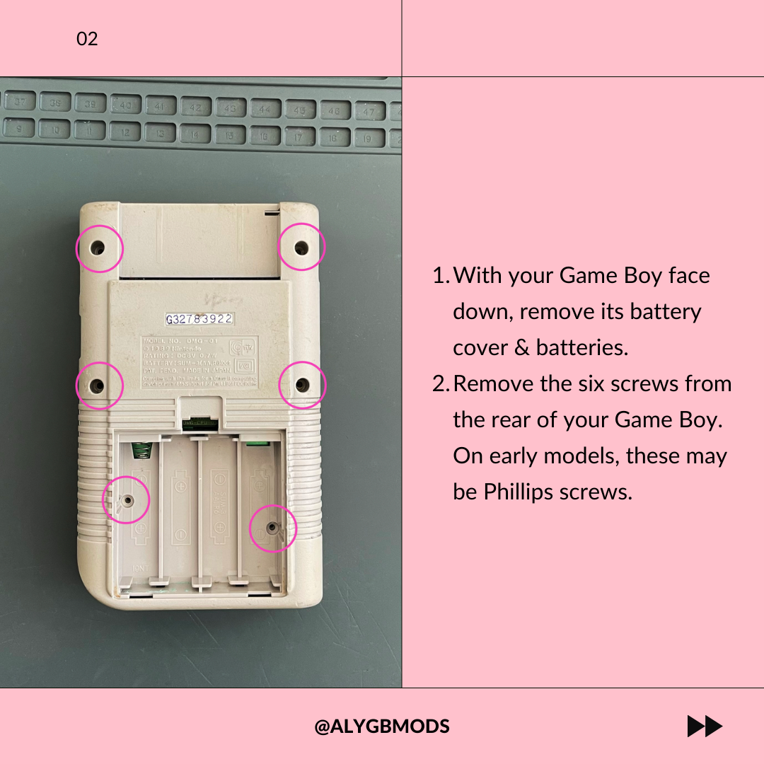 Removing Batteries and Rear Screws - Back view of a Game Boy DMG with the battery compartment open. Pink circles highlight six screws to be removed, with step-by-step instructions written alongside.