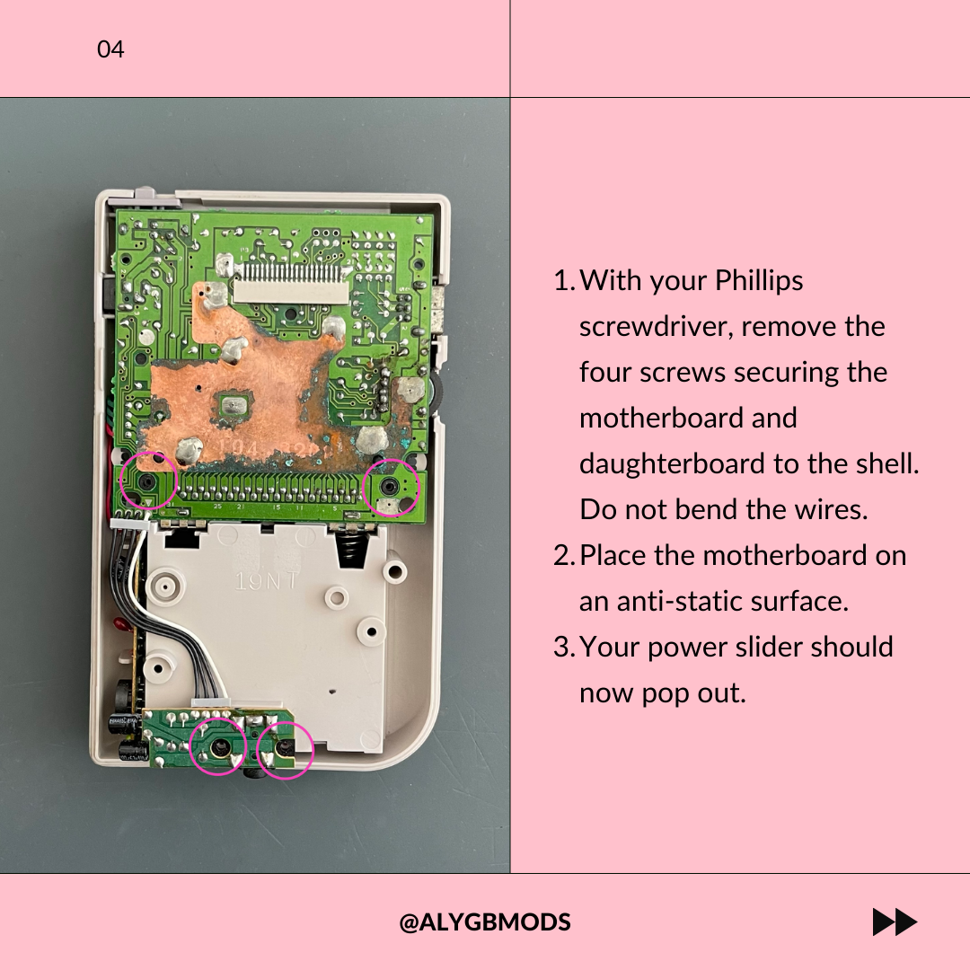 Removing the Motherboard Screws - Internal view of the Game Boy DMG with the motherboard exposed. Four screws are circled in pink, and instructions describe removing and placing the motherboard on an anti-static surface.