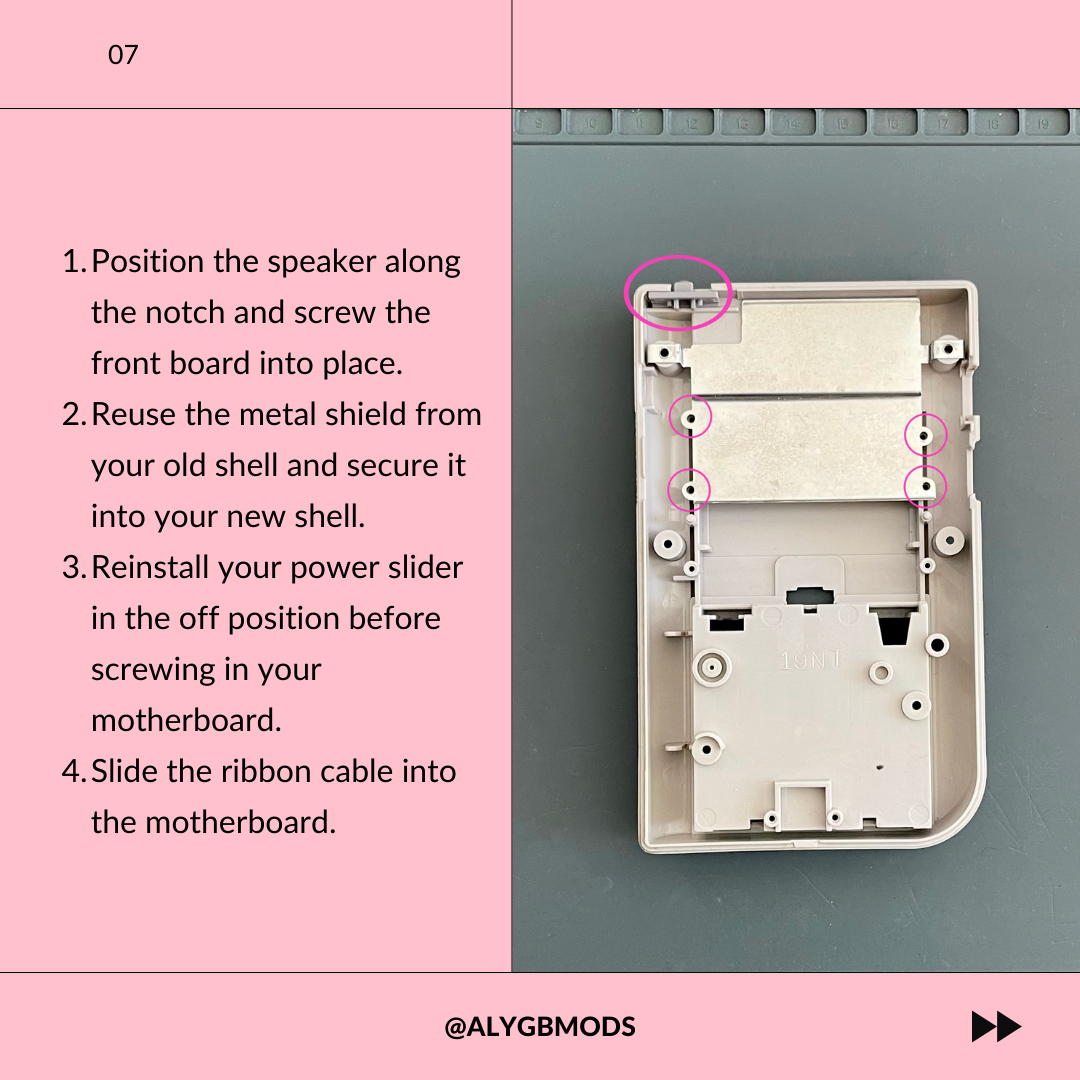 Reassembling with a New Screen Lens - Partially assembled Game Boy DMG in the new yellow shell with instructions for installing the speaker, reusing the metal shield, and connecting the ribbon cable.